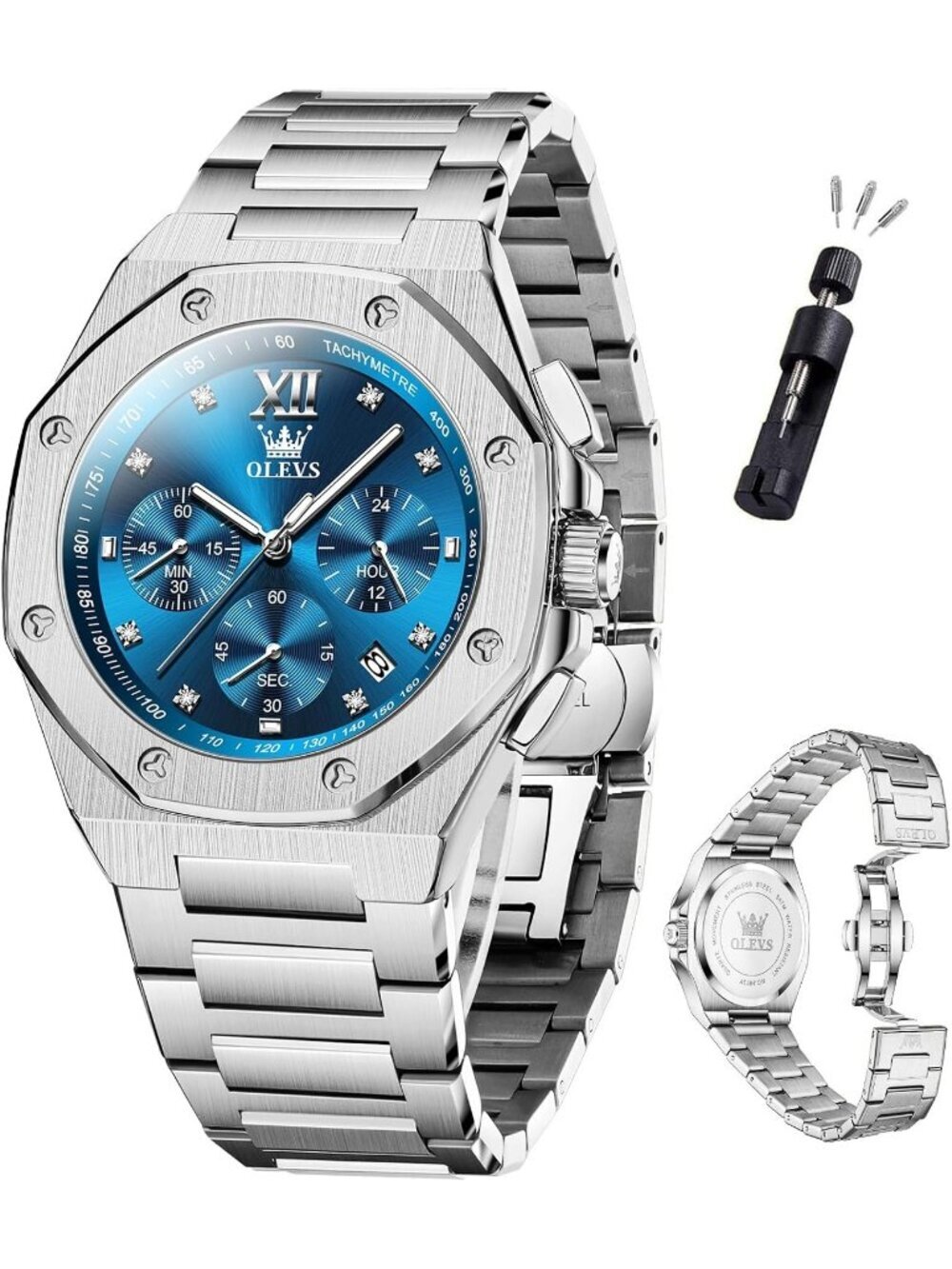 Men's Silver Blue Octagonal Luxury Stainless Steel Analog Large Face Wrist Watch